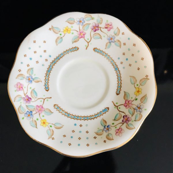 Foley Tea Cup and Saucer hand painted Dainty Delicate Aqua pink blue yellow floral Fine bone china England Collectible Display Farmhouse