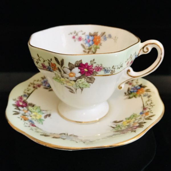 Foley Tea Cup and Saucer hand painted Dainty Delicate Floral orange purple yellow blue Fine bone china England Collectible Display Farmhouse
