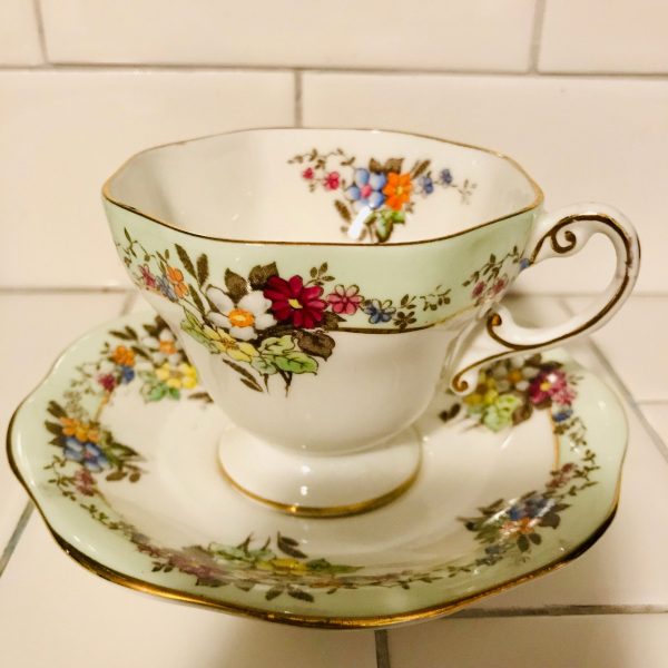 Foley Tea Cup and Saucer hand painted Dainty Delicate Floral orange purple yellow blue Fine bone china England Collectible Display Farmhouse