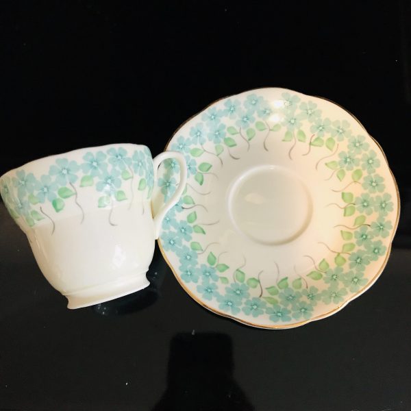 Foley Tea Cup and Saucer pale yellow hand painted aqua flowers with gray wispy stems Fine bone china England Collectible Display Farmhouse