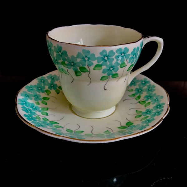 Foley Tea Cup and Saucer pale yellow hand painted aqua flowers with gray wispy stems Fine bone china England Collectible Display Farmhouse