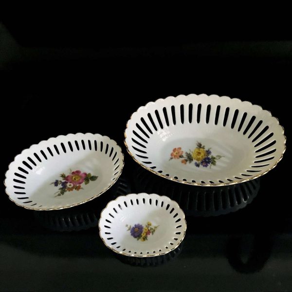 German MPM REINE HANDARBEIT Set of 3 trinket dishes 24kt gold trimmed Ovals bowls reticulated rims collectible display farmhouse cottage