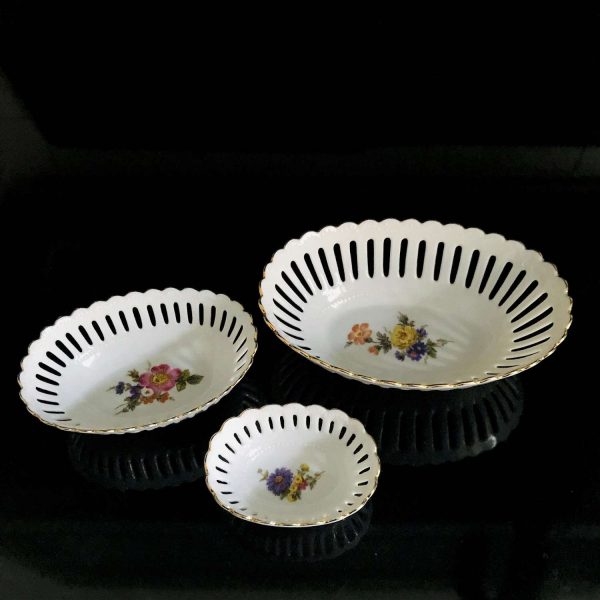 German MPM REINE HANDARBEIT Set of 3 trinket dishes 24kt gold trimmed Ovals bowls reticulated rims collectible display farmhouse cottage