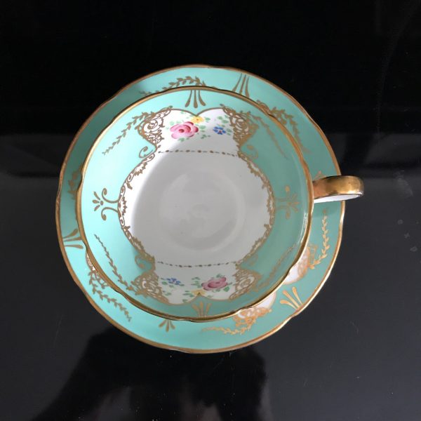 Gladstone England Tea cup and saucer dainty flowers green trim with cabbage rose heavy gold Fine bone china farmhouse collectible display