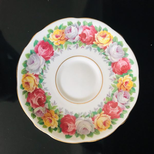 Gladstone England Tea cup and saucer large wreath of cabbage rose pink yellow white Fine bone china farmhouse collectible display bridal