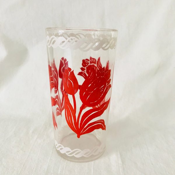 Glass Tumbler 1940's Red floral white trim collectible display bathroom kitchen glass farmhouse cottage bathroom 8 oz 5" tall 2 1/2" across