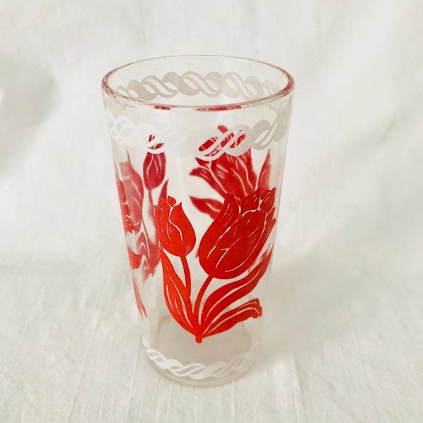 Glass Tumbler 1940's Red floral white trim collectible display bathroom kitchen glass farmhouse cottage bathroom 8 oz 5" tall 2 1/2" across