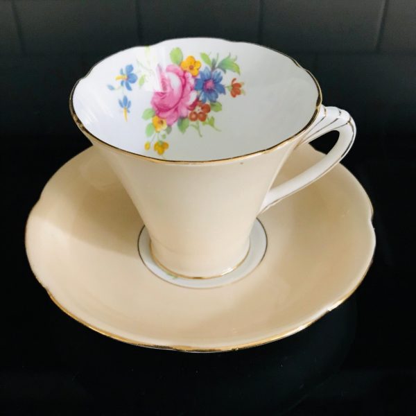 Grafton Tea cup and saucer England Fine bone china Peach with floral bouquet farmhouse collectible display serving