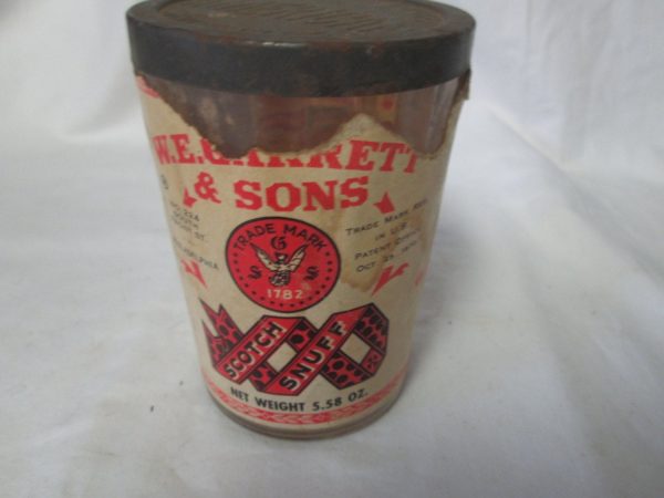 Great 1870's Tobacco Scotch Snuff Bottle with original label W.E. Garrett & Son's Philadelphia