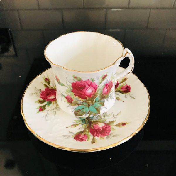 Hammersley Tea Cup and Saucer England fine bone china dark pink roses teal & gray leaves unique shape collectible display coffee