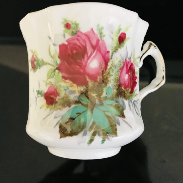 Hammersley Tea Cup and Saucer England fine bone china dark pink roses teal & gray leaves unique shape collectible display coffee