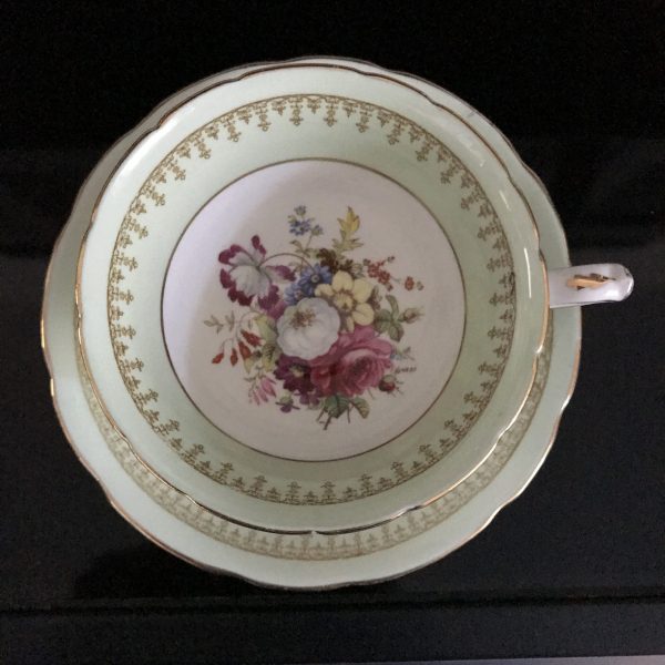 Hammersley Tea Cup and Saucer England Light Green Floral Bouquet inside & Out and saucer center Collectible Display Farmhouse