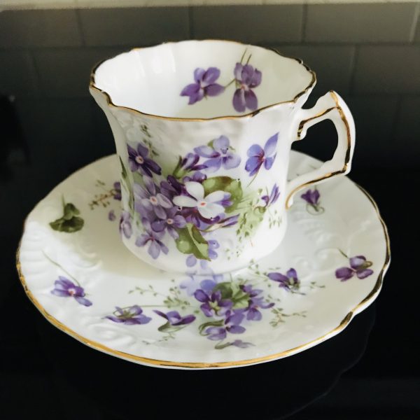 Hammersley Tea Cup and Saucer lavender Victorian Violets floral scalloped pattern England Collectible Display Farmhouse Cottage