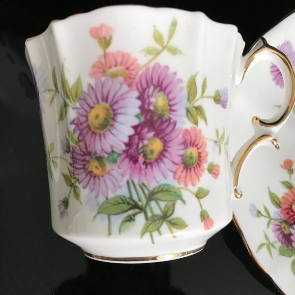 Hammersley Tea Cup and Saucer Pink &n Lavender Purple Cosmos Daisies Wildflowers Collectible Display Farmhouse Cottage bridal