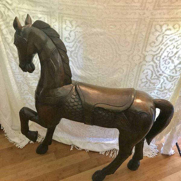 Hand Carved 46" tall wooden horse 42" long Great detail Solid Wood Heavy Farmhouse Collectible Display Horse Statue Country