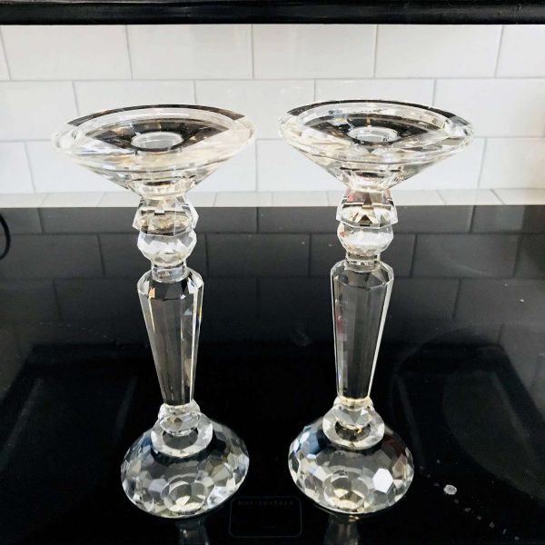 Hand cut crystal candlestick holder Pair Ornate designs paneled tops ribbed stems collectible display elegant dining home decor