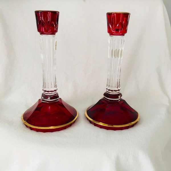 Hand cut crystal candlestick Pair Italian ribbed stems flower cut tops paneled bottoms gold trim Christmas Holiday  collectible display