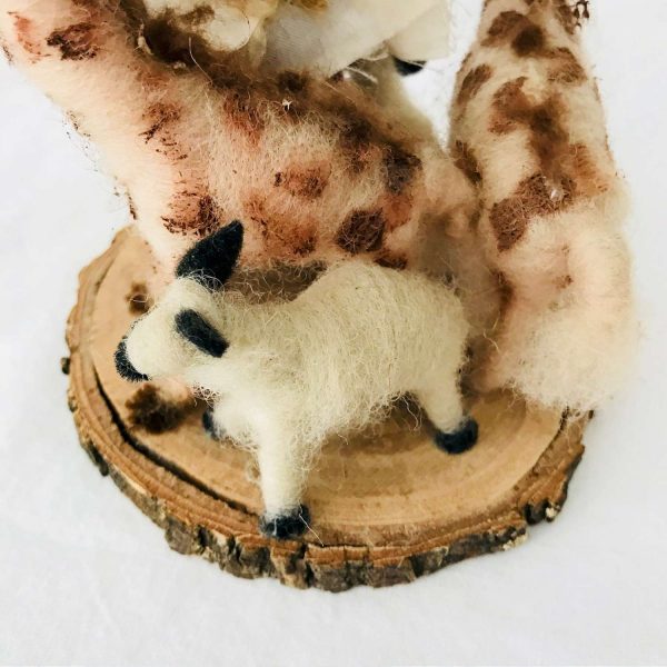 Hand made Needle Felted 2 Giraffes 2 lambs and a Noah mounted on small log slab collectible hand made collectible display child's room decor