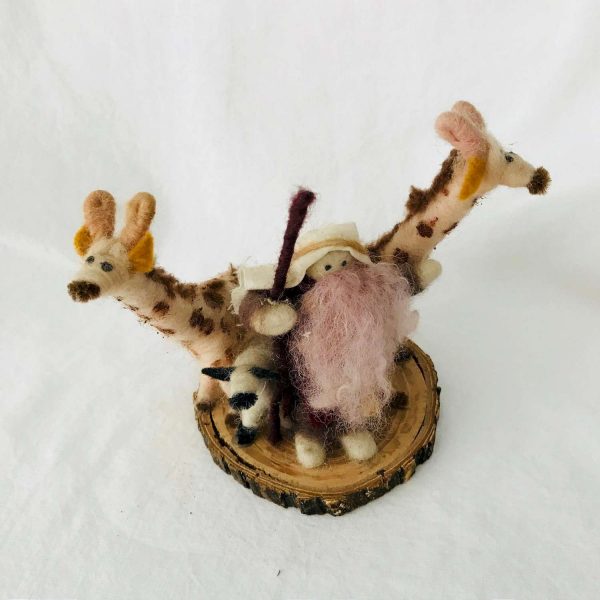 Hand made Needle Felted 2 Giraffes 2 lambs and a Noah mounted on small log slab collectible hand made collectible display child's room decor