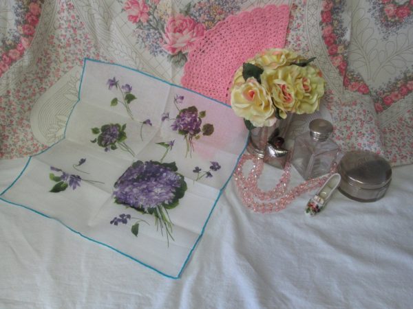 Hand Rolled Cotton Handkerchief hankie Violas or Violets Fantastic Vivid Coloring Excellent condition