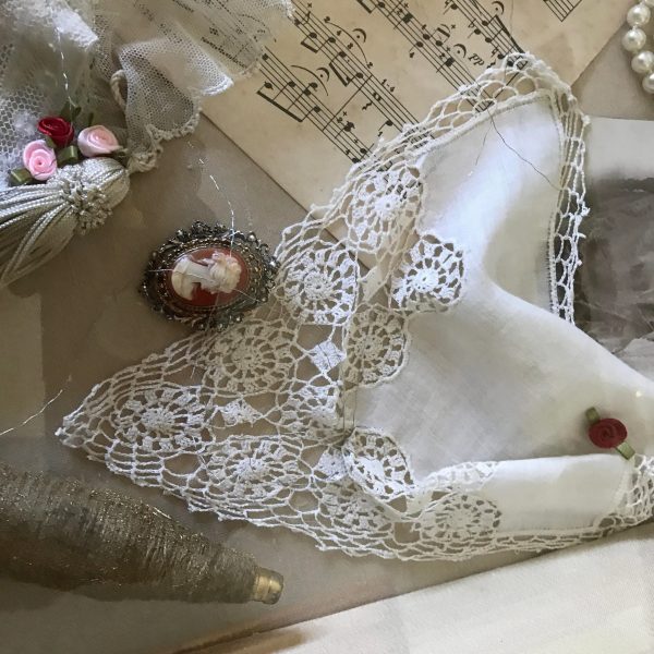 Handmade Shadow Box Victorian Photo Music sheets Victorian pillowcase "Threads of Silver among Gold" with silver threads running though it