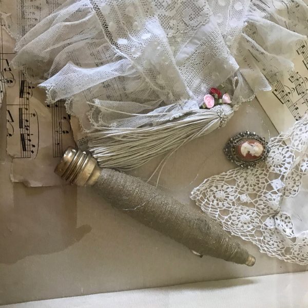 Handmade Shadow Box Victorian Photo Music sheets Victorian pillowcase "Threads of Silver among Gold" with silver threads running though it