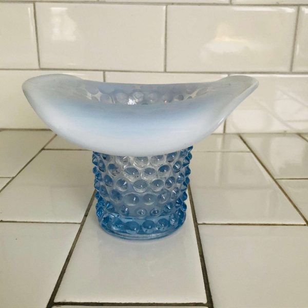 Hat vase Opalescent rim Hobnail Periwinkle blue collectible display vintage glass