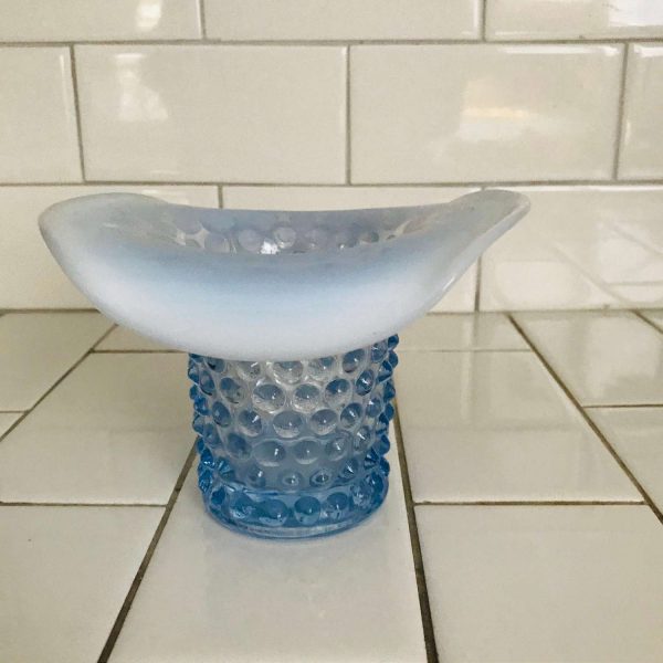 Hat vase Opalescent rim Hobnail Periwinkle blue collectible display vintage glass