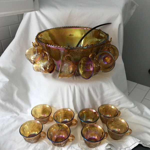 Indiana Glass Marigold Carnival Harvest Princess Grape Punch Bowl & Cups 26 pc Set Collectible display bridal shower anniversary holiday