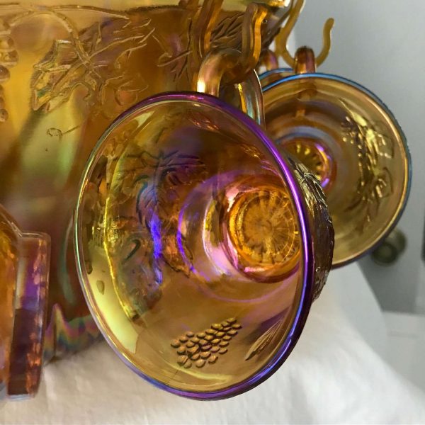 Indiana Glass Marigold Carnival Harvest Princess Grape Punch Bowl & Cups 26 pc Set Collectible display bridal shower anniversary holiday