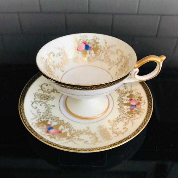 Japan tea cup and saucer Fine bone china Pedestal Cup Black & Gold trim hand decorated enameled fruit  farmhouse collectible display coffee