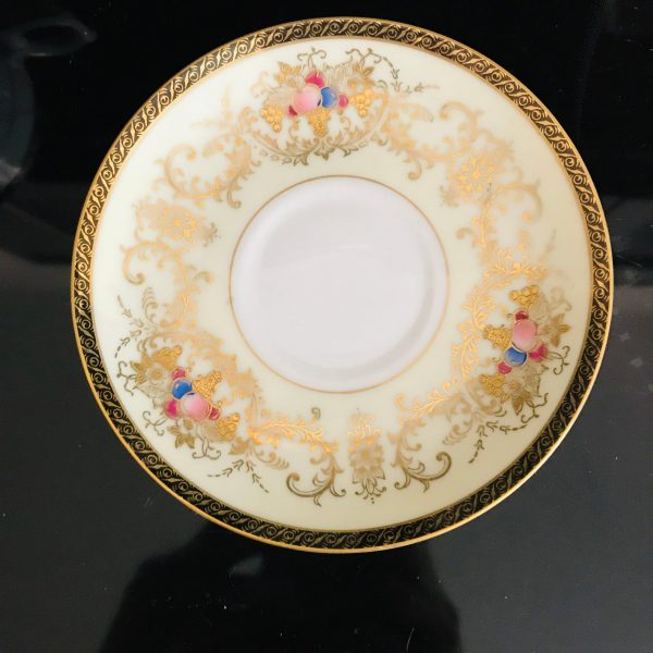 Japan tea cup and saucer Fine bone china Pedestal Cup Black & Gold trim hand decorated enameled fruit  farmhouse collectible display coffee