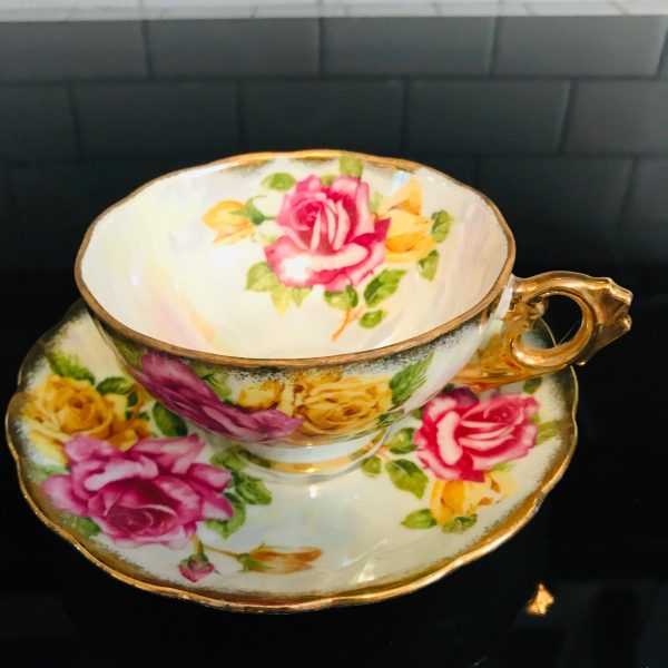 Japan war time tea cup and saucer Fine bone china heavy gold iridescent  Large dark pink & yellow Roses farmhouse collectible coffee display