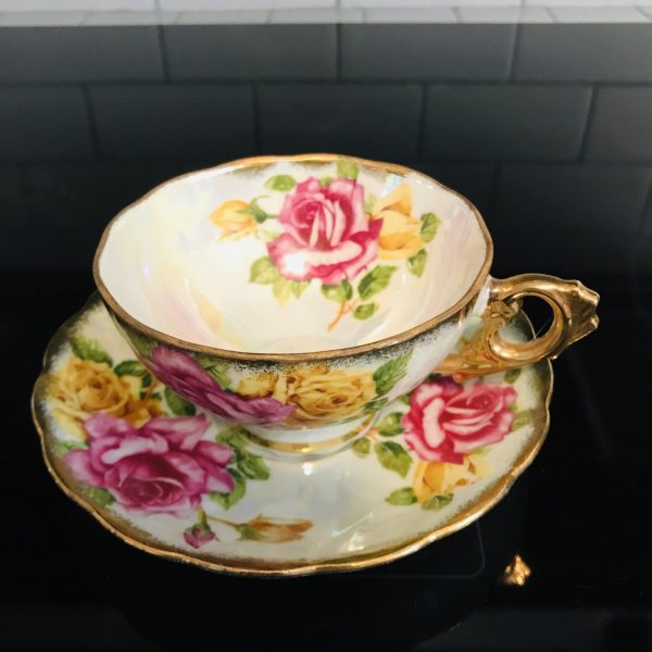 Japan war time tea cup and saucer Fine bone china heavy gold iridescent  Large dark pink & yellow Roses farmhouse collectible coffee display