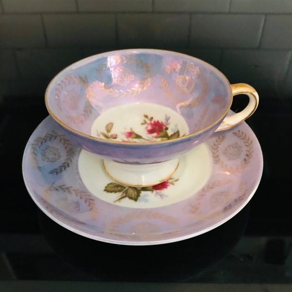 Japan war time tea cup and saucer Fine bone china Lavender Iridescent Moss Rose Floral farmhouse collectible coffee display