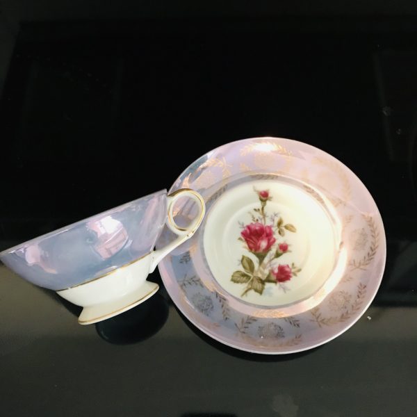 Japan war time tea cup and saucer Fine bone china Lavender Iridescent Moss Rose Floral farmhouse collectible coffee display
