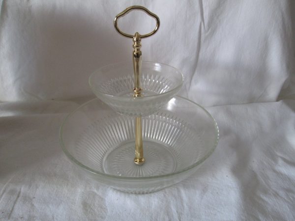 Jeanette Glass Diamond Cut Glass Hostessware Double Stacked Serving Bowl collectible farmhouse wedding bridal shower snacks