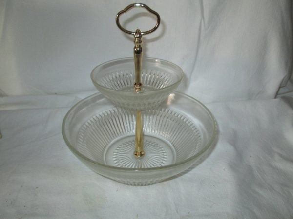 Jeanette Glass Diamond Cut Glass Hostessware Double Stacked Serving Bowl collectible farmhouse wedding bridal shower snacks