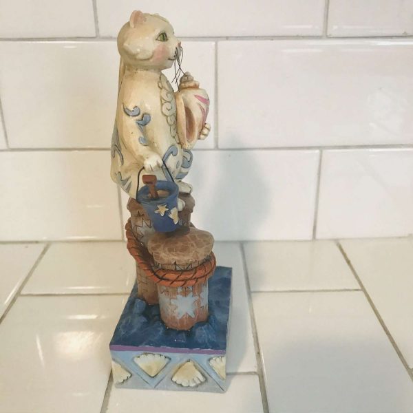Jim Shore Collectible Cat Fish Beach Sand pail Shell Fish on Tail on folk art base-crazy cat lady cat lovers display figurine