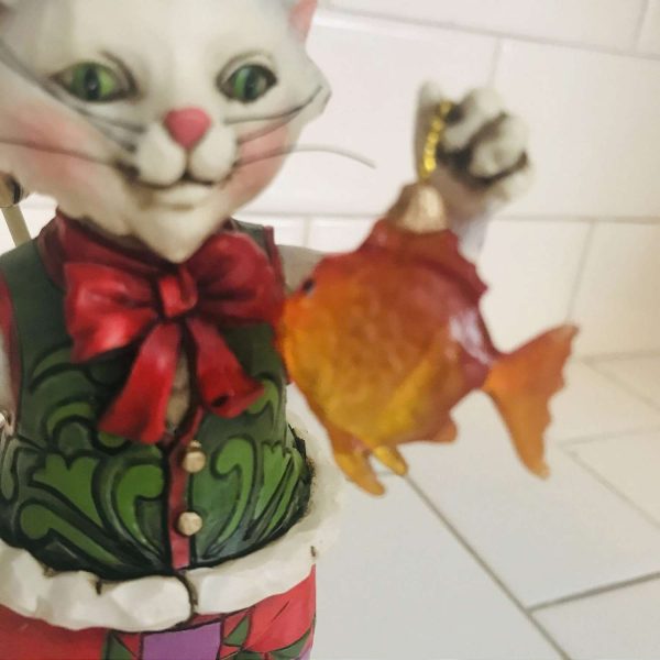 Jim Shore Collectible Catch the Christmas Spirit Cat holding Clear Orange Fish Ornament dangling bell hat crazy cat lady cat lovers display