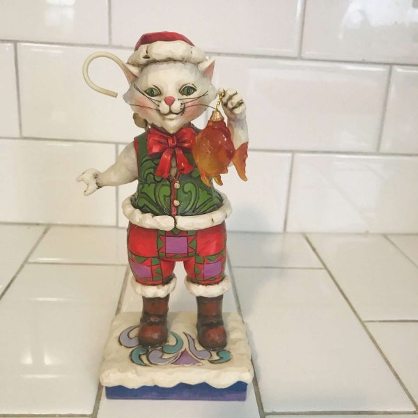 Jim Shore Collectible Catch the Christmas Spirit Cat holding Clear Orange Fish Ornament dangling bell hat crazy cat lady cat lovers display
