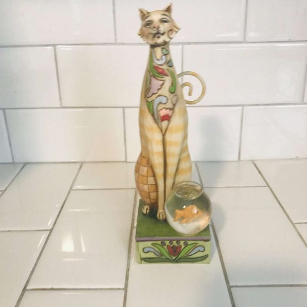 Jim Shore Collectible Jilly cat with gold Fish in lucite fish bowl folk art base-crazy cat lady cat lovers display figurine
