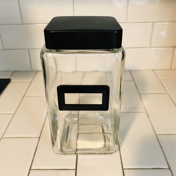 Kitchen Storage Canister Jar glass black metal lid & label holdes cookies dog treats collectibles display apothecary tv movie prop