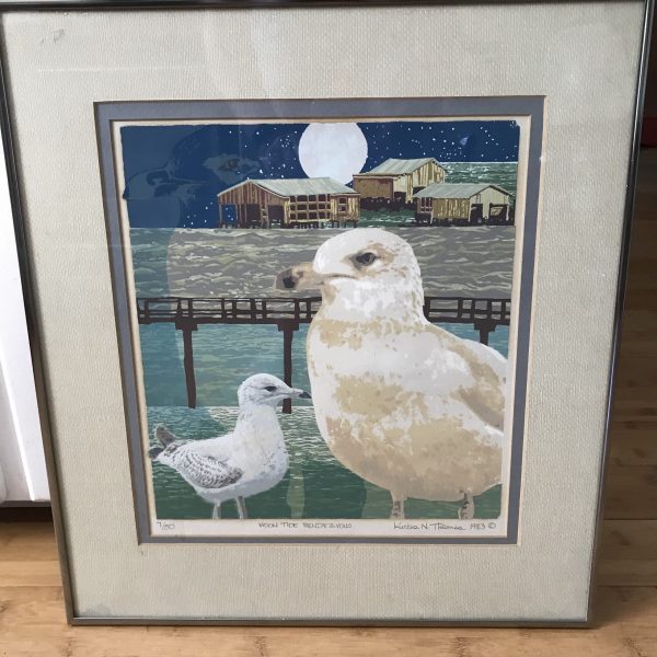 Kurtis N. Thomas Signed Numbered 7/50 Limited edition Print moon Tide Rendezvous seagulls and shore beach scene serigraph 1983 Cottage
