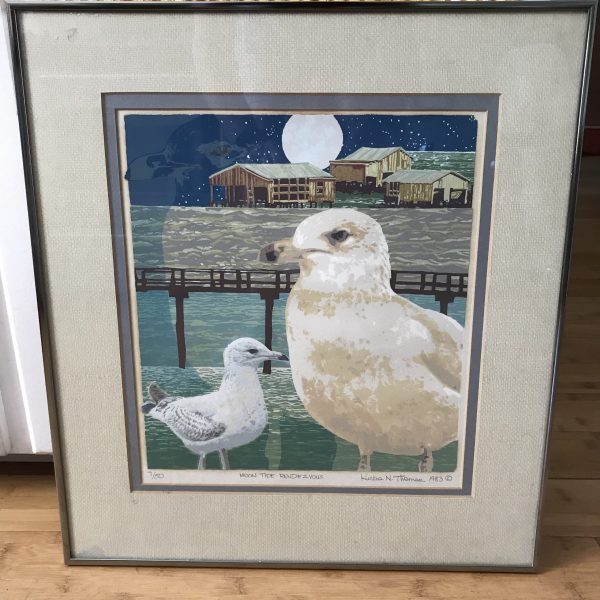 Kurtis N. Thomas Signed Numbered 7/50 Limited edition Print moon Tide Rendezvous seagulls and shore beach scene serigraph 1983 Cottage