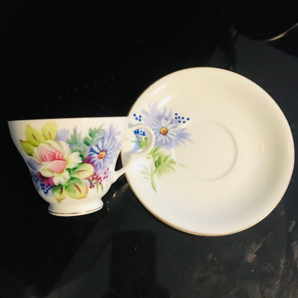 Lefton Tea cup and saucer Hand Painted Japan Fine bone china Pink Purple Blue flowers farmhouse collectible display serving