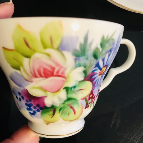 Lefton Tea cup and saucer Hand Painted Japan Fine bone china Pink Purple Blue flowers farmhouse collectible display serving