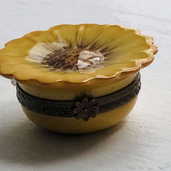Limoges France Trinket ring dish hinged lid Sunflower signed Rochard collectible hand painted gold trim collectible display
