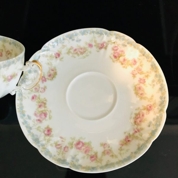 Limoges Tea Cup and Saucer Pink Rose Swag Fine bone china France light blue rim gold trim Collectible Display Farmhouse serving