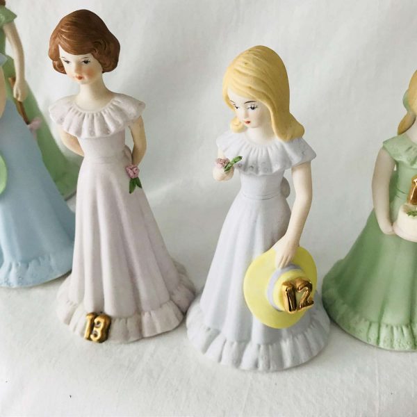 Lot of 6 Vintage Growing up Birthday Girl Collection 10-15 Collectible Display Enesco 1981-82 Porcelain with Age in Gold Gift